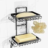 Mecyfaty Soap Holder, Double Bar Soap Holder Shower Stainless Steel, Soap Dish for Shower Wall with Hooks and Razor Holders, Soap Tray Self Adhesive for Bathroom Bathtub Accessories Organizer