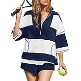 Women’s Striped 2 Piece Workout Set Casual Oversized Half Zip Top and Shorts Sets Retro Rugby Outfits with Pokcets