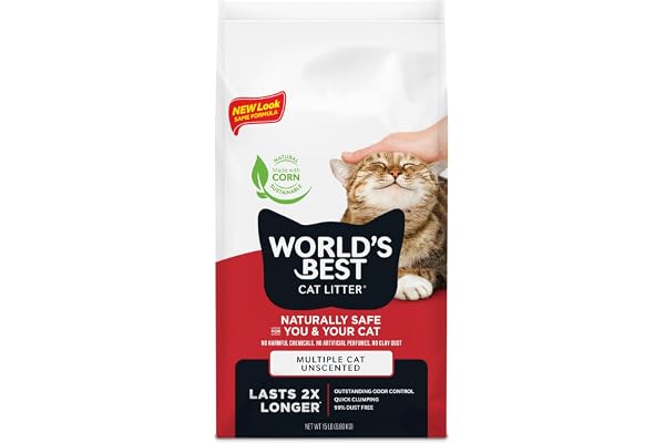 World's Best Cat Litter, Multiple Cat, Unscented, Odor Control, 15 lb Bag | Controls tough multi-cat odors and lasts 2x longer; natural corn litter, quick clumping, flushable, 99% dust free
