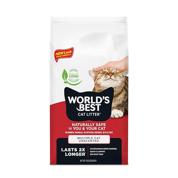 WORLD’S BEST CAT LITTER MULTIPLE CAT UNSCENTED, 15-POUNDS – NATURAL INGREDIENTS, QUICK CLUMPING, FLUSHABLE, 99% DUST FREE & MADE IN USA – LONG-LASTING ODOR CONTROL & EASY SCOOPING