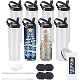Stvyar 20oz sublimation sport tumblers blanks with two lids ,flat edge sublimation tumblers,double wall stainless steel insulted cup,for Heat Transfer, White (8, with flex handle lid)