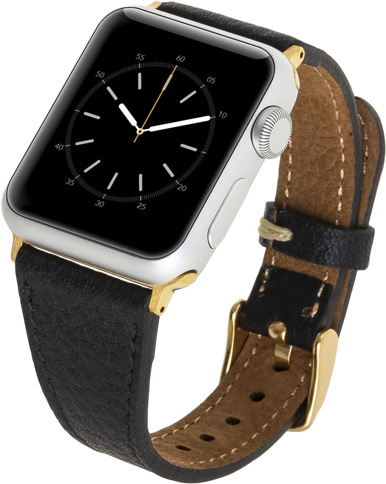 Venito Messina Leather Slim Watch Band Strap Compatible with The Newest Apple Watch iwatch Series 5 as Well as Series 1,2,3, 4 (Black w/Gold Stainless Steel Hardware, 38mm-40mm)