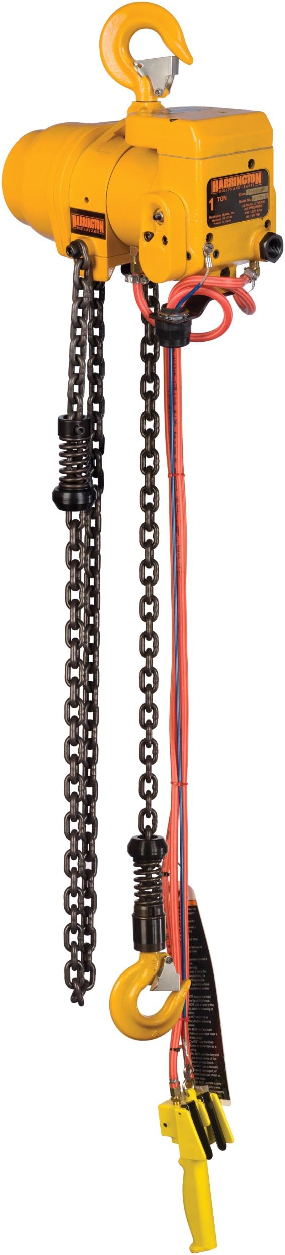 Harrington TCR Pendant Model Air-Powered Hoist, Hook Mount, 2 Ton Capacity, 20' Lift, 11 fpm Max Lift Speed, 21-13/16" Headroom, 1.2" Hook Opening, 1/2" NPT, 90 psi