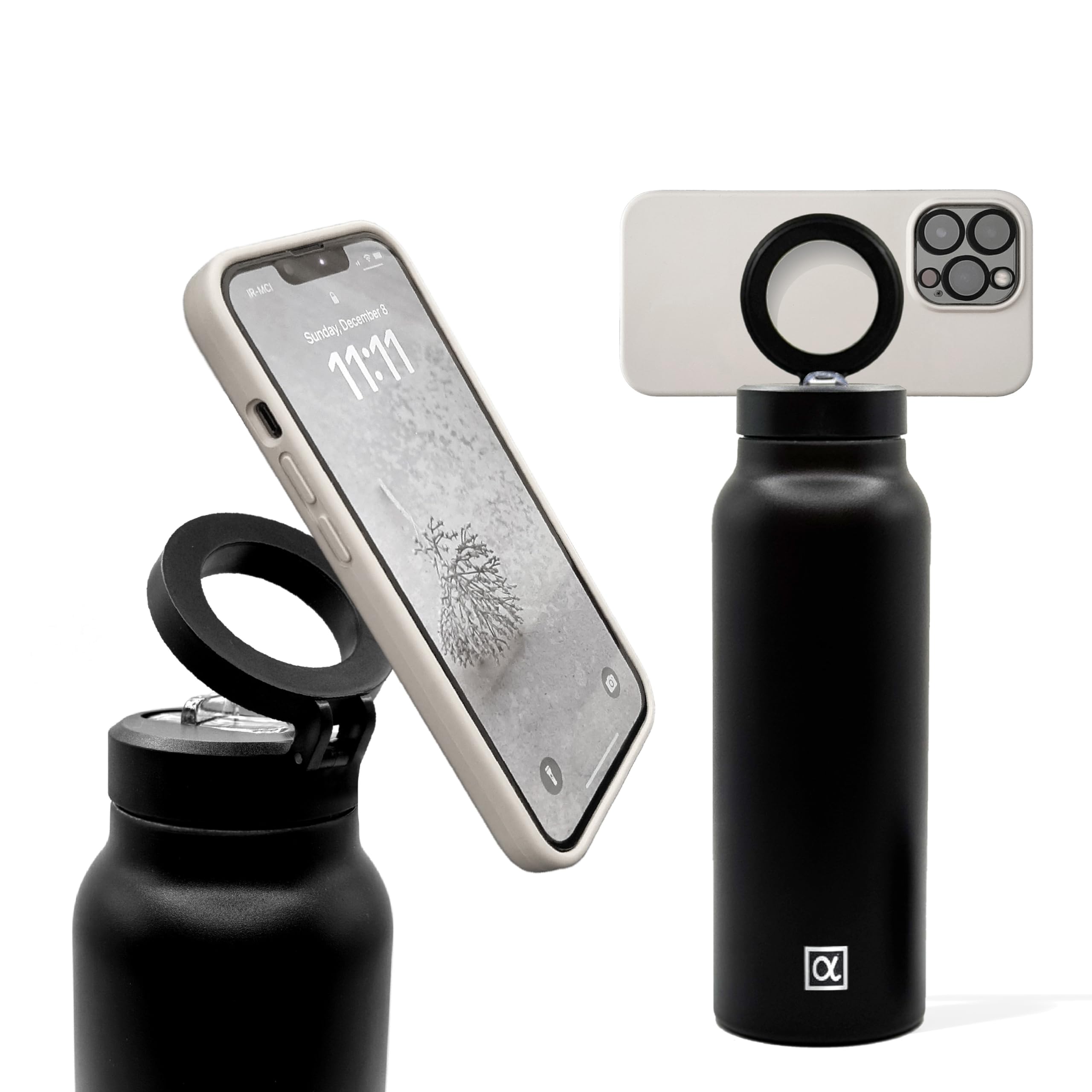 Photo 1 of Magsafe compatible insulated water bottle with magnetic phone holder stainless steel 24oz hot 12h & cold 24h 360 rotate double wall stainless steel magnetic water bottle phone mount with straw