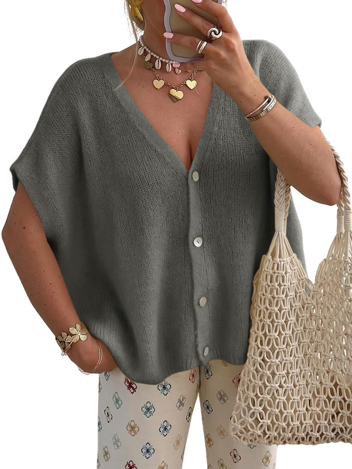 Saodimallsu Womens Fall Oversized Cardigans Batwing Short Sleeve Lightweight Button V Neck Casual Knit Sweater Tops Dark Gray Image Saodimallsu Womens Fall Oversized Cardigans Batwing Short Sleeve Lightweight Button V Neck Casual Knit Sweater Tops Dark Gray Image