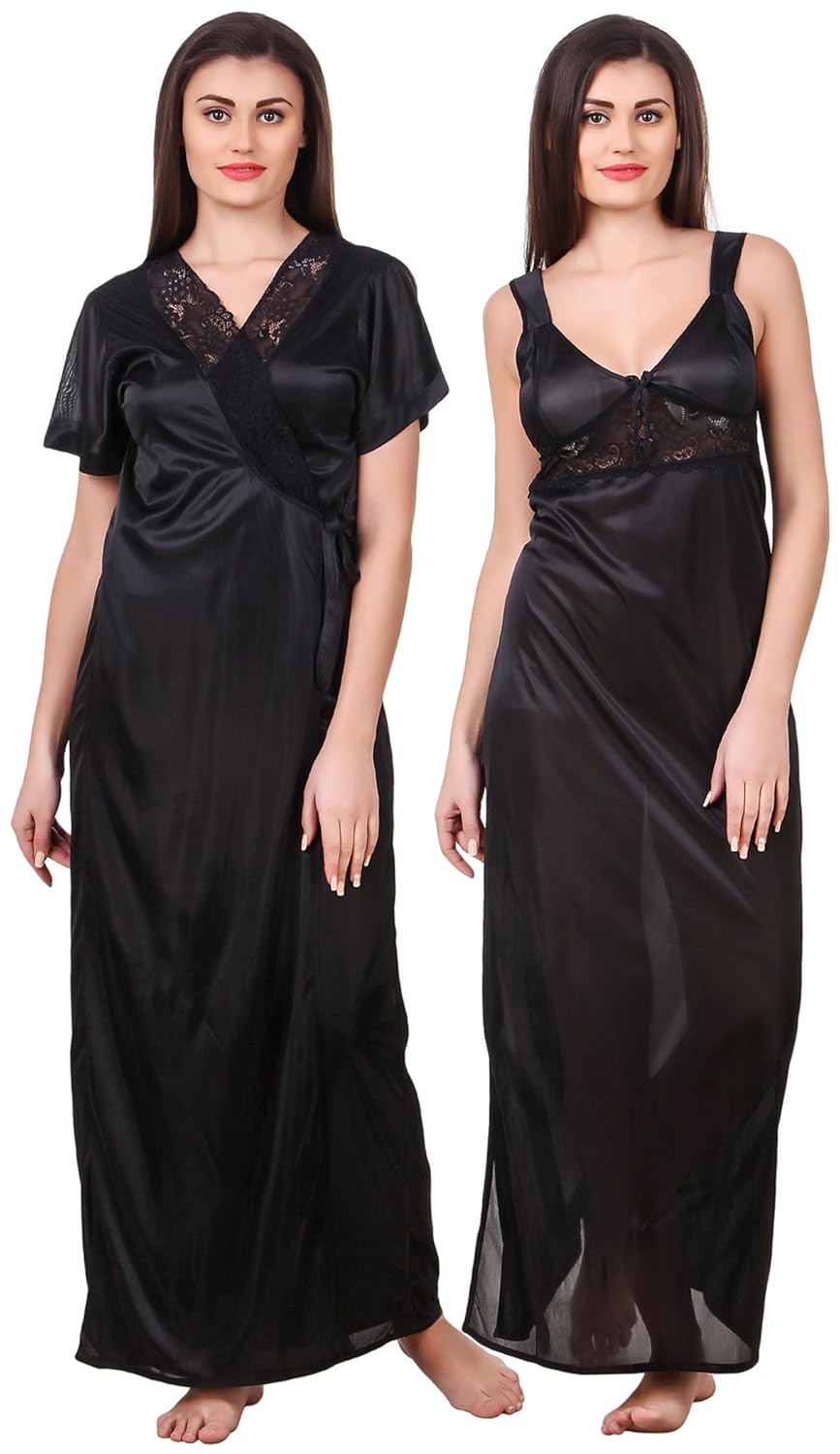fasense women satin nightwear 2 pc set of nighty & wrap gown om007