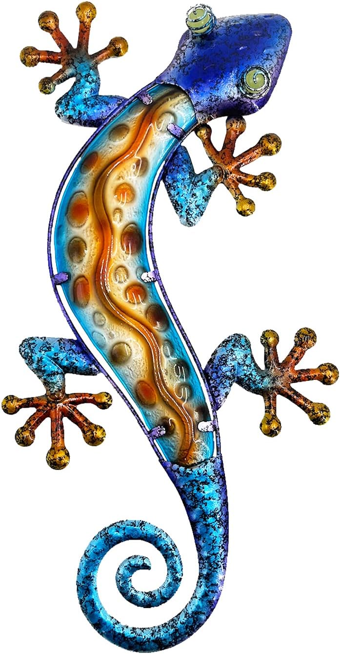 Plaques & Wall Art - ielevations Metal Gecko Wall Decor Indoor Glass Lizard Garden Art Hanging Outdoor Decorations for Living Room Bedroom Wall Patio Fence or Door, 15.7 Inch-Blue