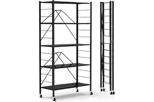 HIMIX 5 Tier Foldable Storage Shelves, Expandable Folding Shelving Units with Wheels, Changeable into 2 Shelf Units, Collapsible Adjustable Storage Rack Metal Shelves for Storage, Pantry, Garage, Kitchen
