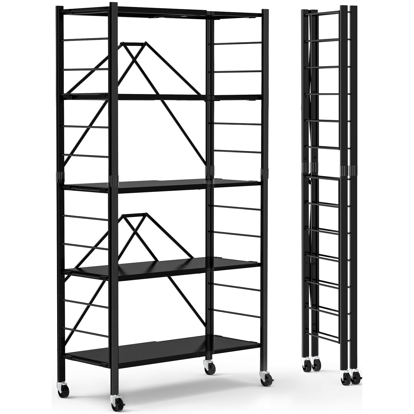 Photo 1 of 5 Tier Foldable Storage Shelves, Expandable Folding Shelving Units with Wheels, Changeable into 2 Shelf Units, Collapsible Adjustable Storage Rack Metal Shelves for Storage, Pantry, Garage, Kitchen
