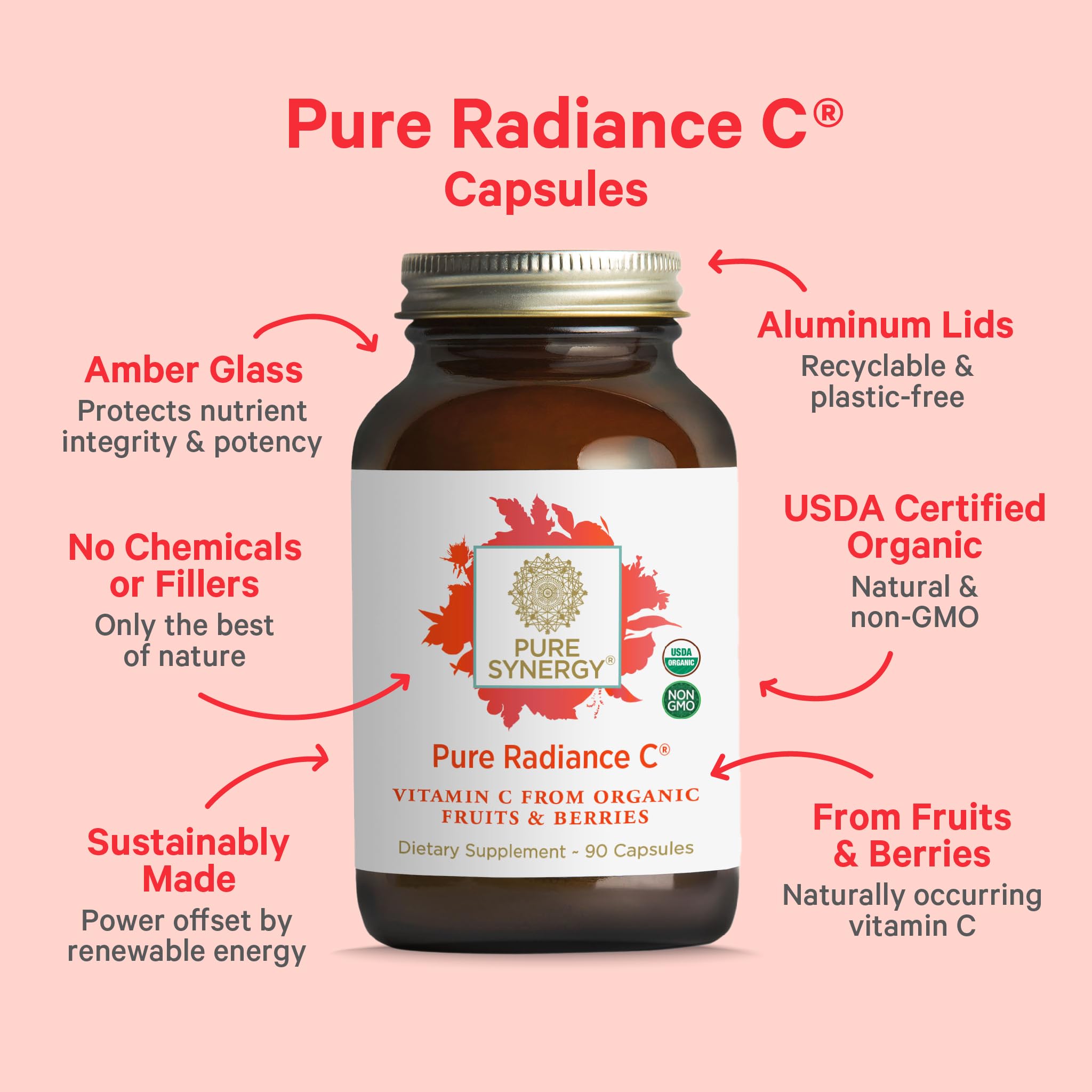 PURE SYNERGY Pure Radiance C – Organic Vitamin C Capsules | 100% Whole Food Supplement, Non-GMO, Camu Camu Extract with Natural Immune & Collagen Support – 90 Capsules