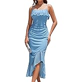 Dressystar Womens Fall Spaghetti Strap Backless Bodycon Cocktail Party Dress Mesh Ruched Ruffle Formal Wedding Maxi Dresses