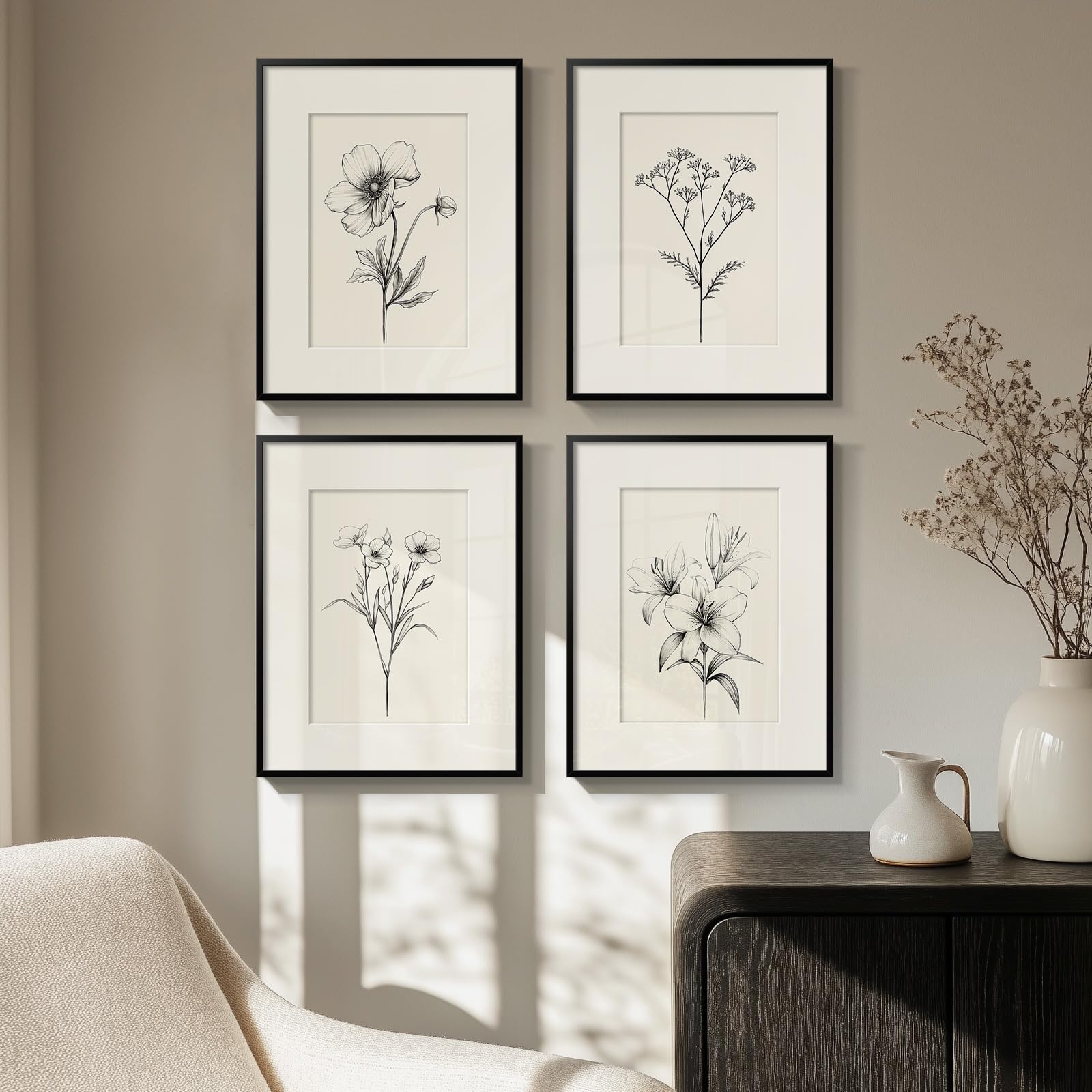 Photo 1 of Framed Black and White Botanical Wall Art for Room Decor, 4 Piece Vintage Minimalist Floral Bathroom Painting Print, Farmhouse Rustic Artwork for Bedroom Living Room Fireplace Hallway Walls, 11x14 In