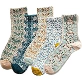 MAVTBOFL Cute Floral Socks for Womens, Vintage Embroidered Cottagecore Frilly Flower Cotton Crew Socks
