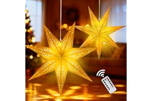 OUMUAMUA Large Paper Star Lanterns with Lights, 3D 7 Pointed Christmas Paper Lanterns, 2Pcs Foldable Decorative Christmas Hanging Decorations for Xmas Wedding New Year Party Home Decor Indoor, 24/18 Inch