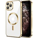 Hython Magnetic Clear for iPhone 11 Pro Case with Camera Lens Protector [Compatible with MagSafe] Luxury Plating Edge Slim Soft TPU Cover Protective Phone Case for iPhone 11 Pro 5.8", Gold