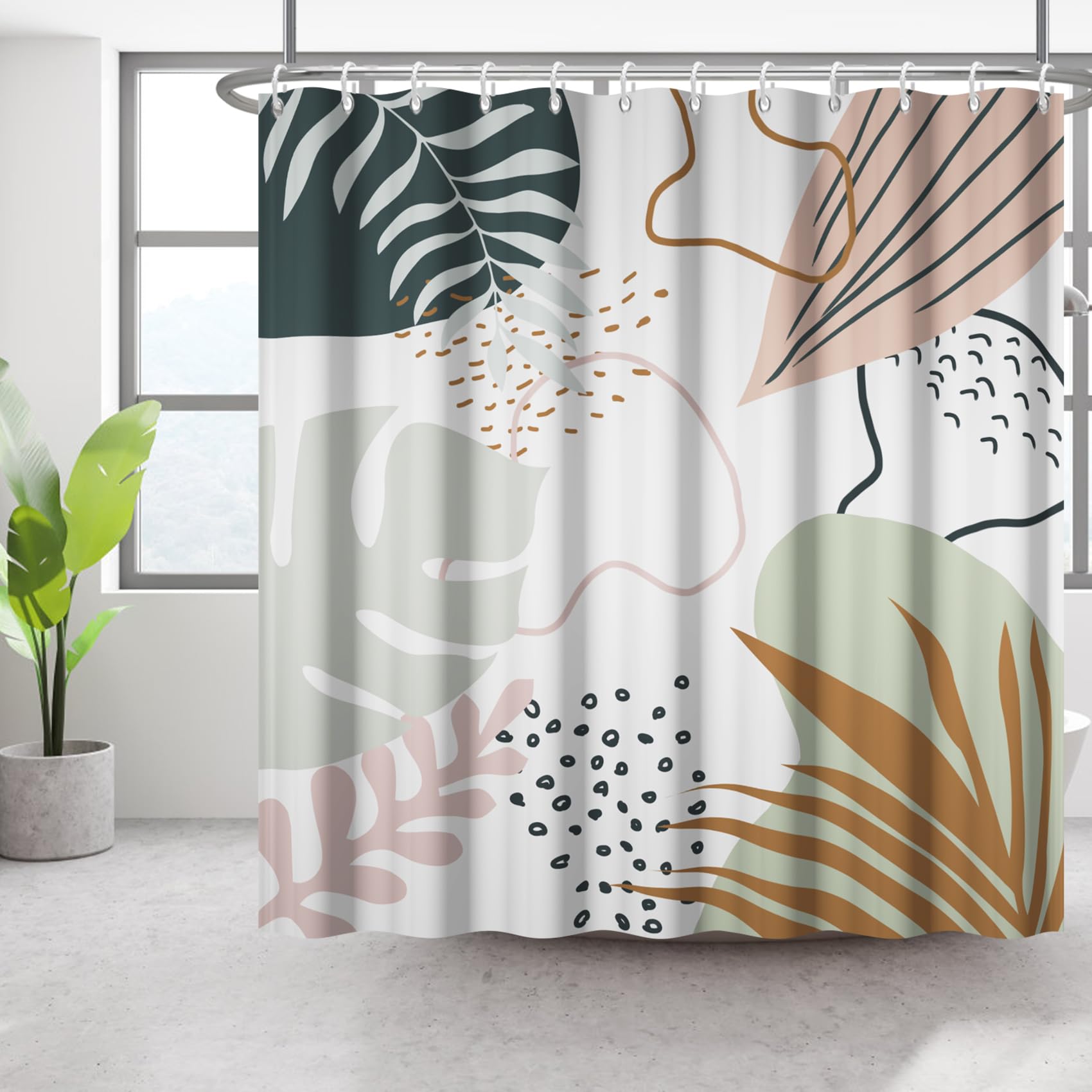 Bovlleetd 71x79in Abstract Plant Shower Curtain - Boho Tropical Mid-Century Art - Waterproof Bath Curtain with Turtle, Monstera, Leaf Palm Design — image 1