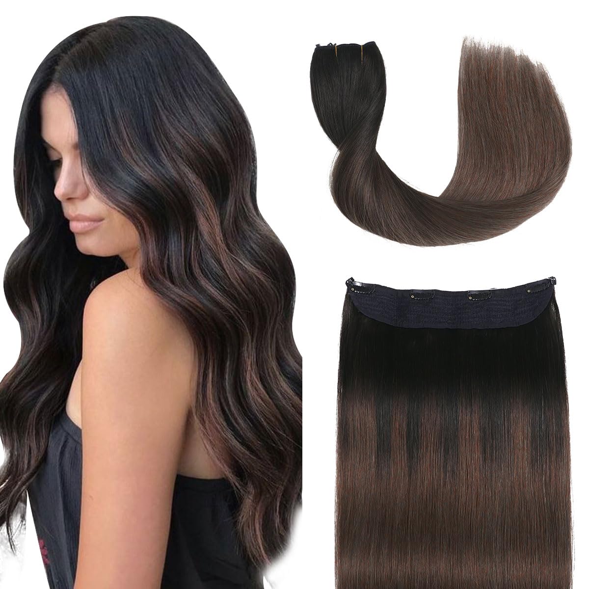 Sindra Wire Hair Extensions Real Human Hair 14 Inch 70g Ombre Natural Black to Medium Brown Invisible Fish Line Hair Extensions For Women (#1B/4-14inch)