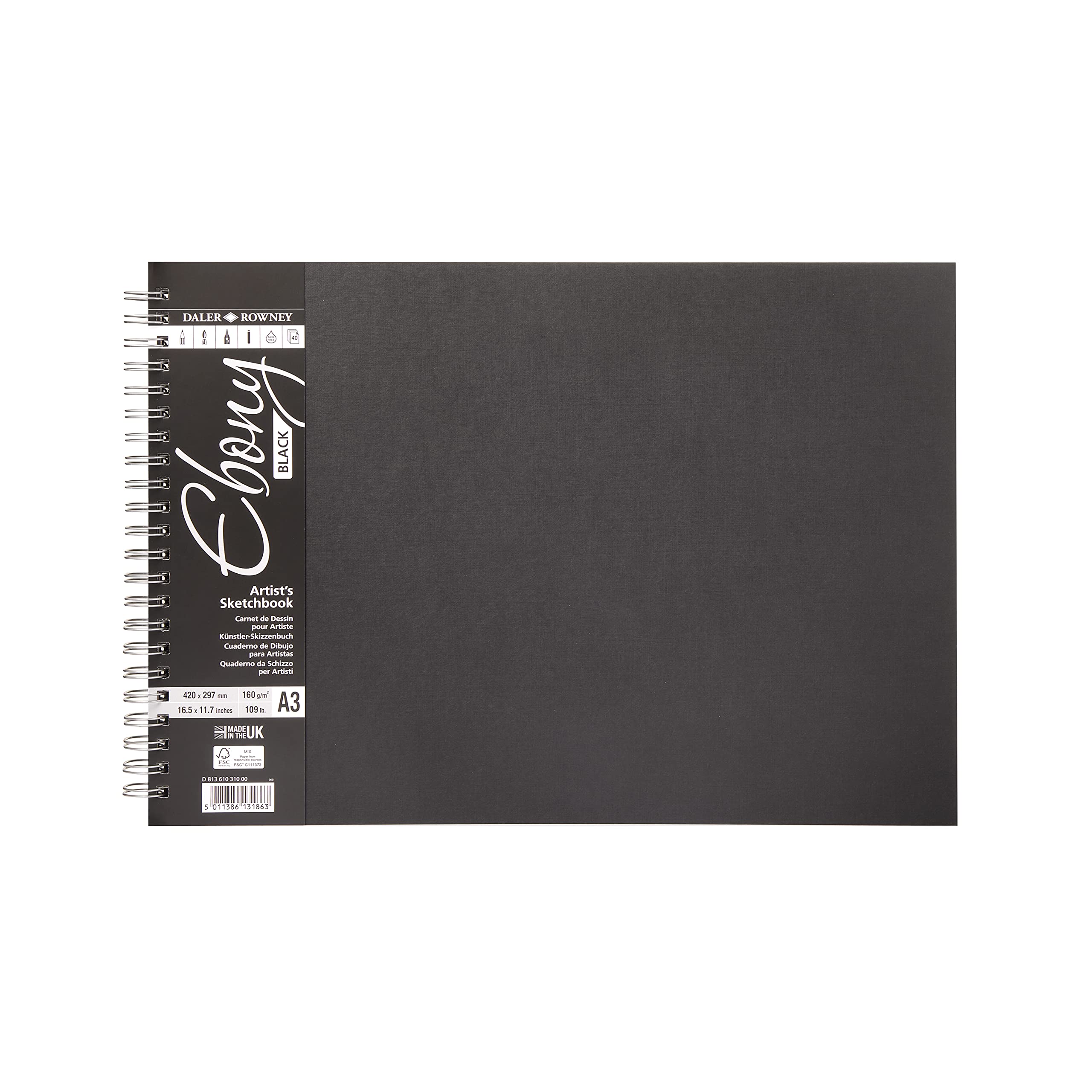 Daler-Rowney Ebony Lightly Textured 160gsm A3 Landscape Sketchbook, Spiral Bound, 40 Black Sheets, For Professional Artists & Students