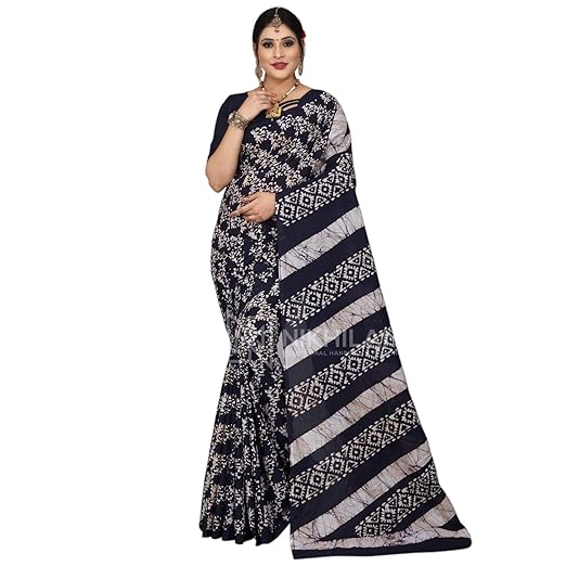 Nikhilam Cotton Hand Block Wax Batik Saree for Womens with Blouse Piece