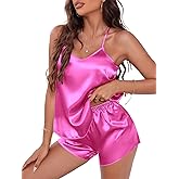 EKOUAER Silky Pajama Set for Women V-Neck Satin Camisole Lingerie Sets Party Loungewear Sleepwear