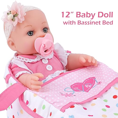 DONTNO 12 Inch Baby Doll with Bassinet Bed,Reborn Alive Doll