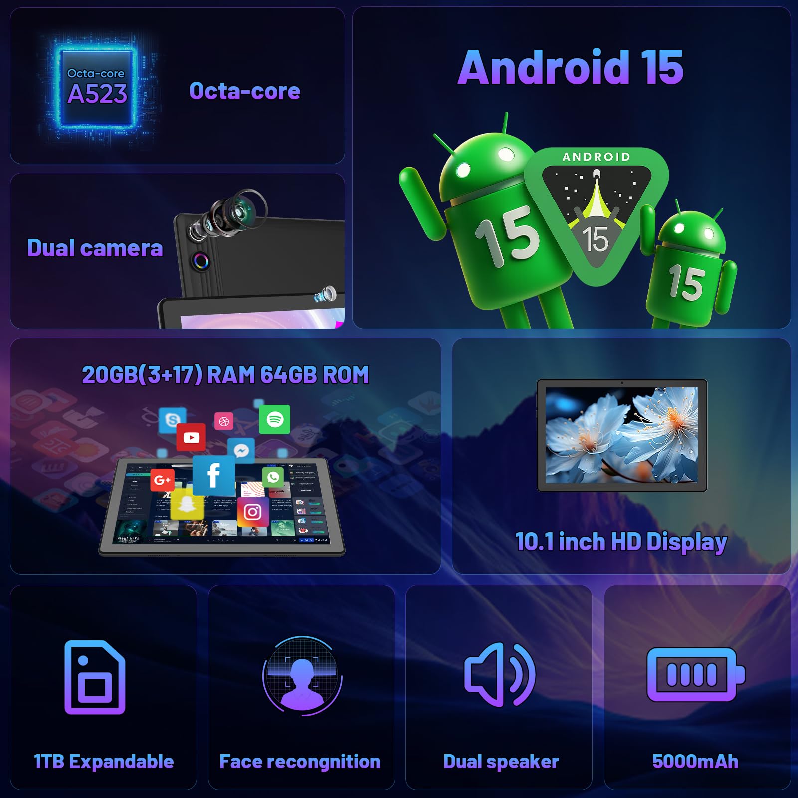 Gleeso Tablet, Latest Android 15 Tablet 10 Inch, 8-Core, 20GB+64GB+1TB TF, Dual Camera, Widevine L1, Face ID, 5000mAh Battery, WiFi 6, BT 5.4, 2-in-1 Tablets with Keyboard Mouse Pen Protective Case