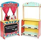 Rundad Wooden Puppet Theater Bonus 2 Hand Puppet, Double-Sided Lemonade Stand &amp; Puppet Show Theater for Kids, Wood Deluxe Children Puppet Theatre Toy with Chalkboard