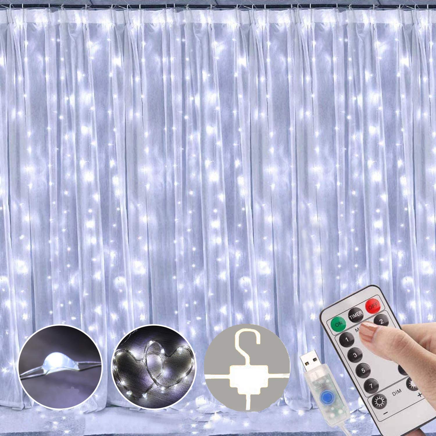 Unihoh LED Curtain Lights, Window Curtain Fairy Twinkle Lights 3mx3m 300leds USB Operated 8 Modes Icicle LED String Lights with Remote & Timer for Indoor Xmas Party Home Garden Decoration(Cool White)
