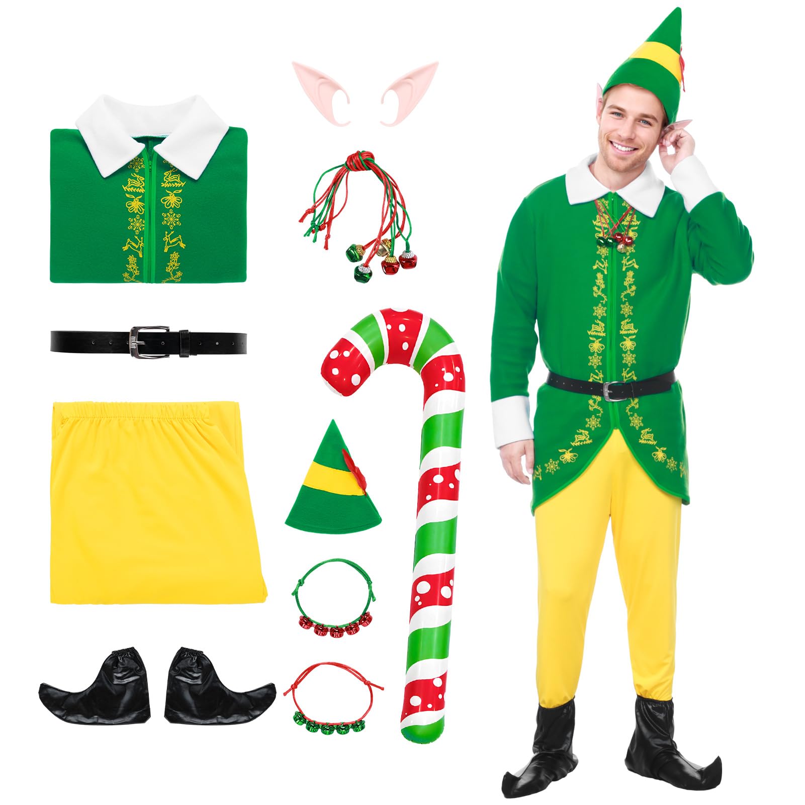Ficlwigkis Buddy Elf Christmas Costume Men Women Green Pink Buddy The Elf Costume Outfit with Ears Hat Belt Elves for Christmas Costume Adult Christmas Fancy Dress (Green, S)