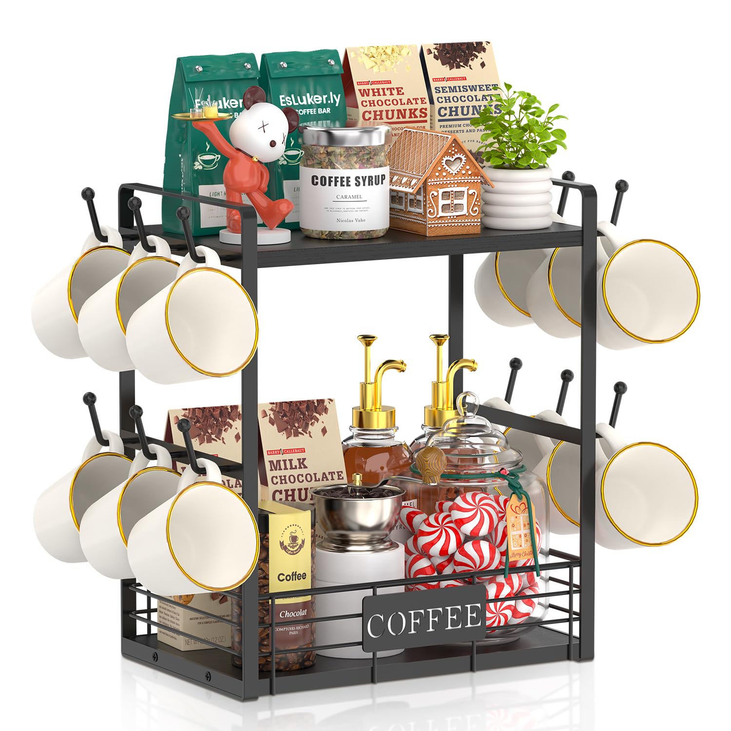EsLuker.ly 2 Tier Coffee Bar Organizer Countertop Station Rack for Kitchen, Multi-Functional Coffee Mug Holder Display Stand, Accessory Storage Shelf with 12 Hooks, Black