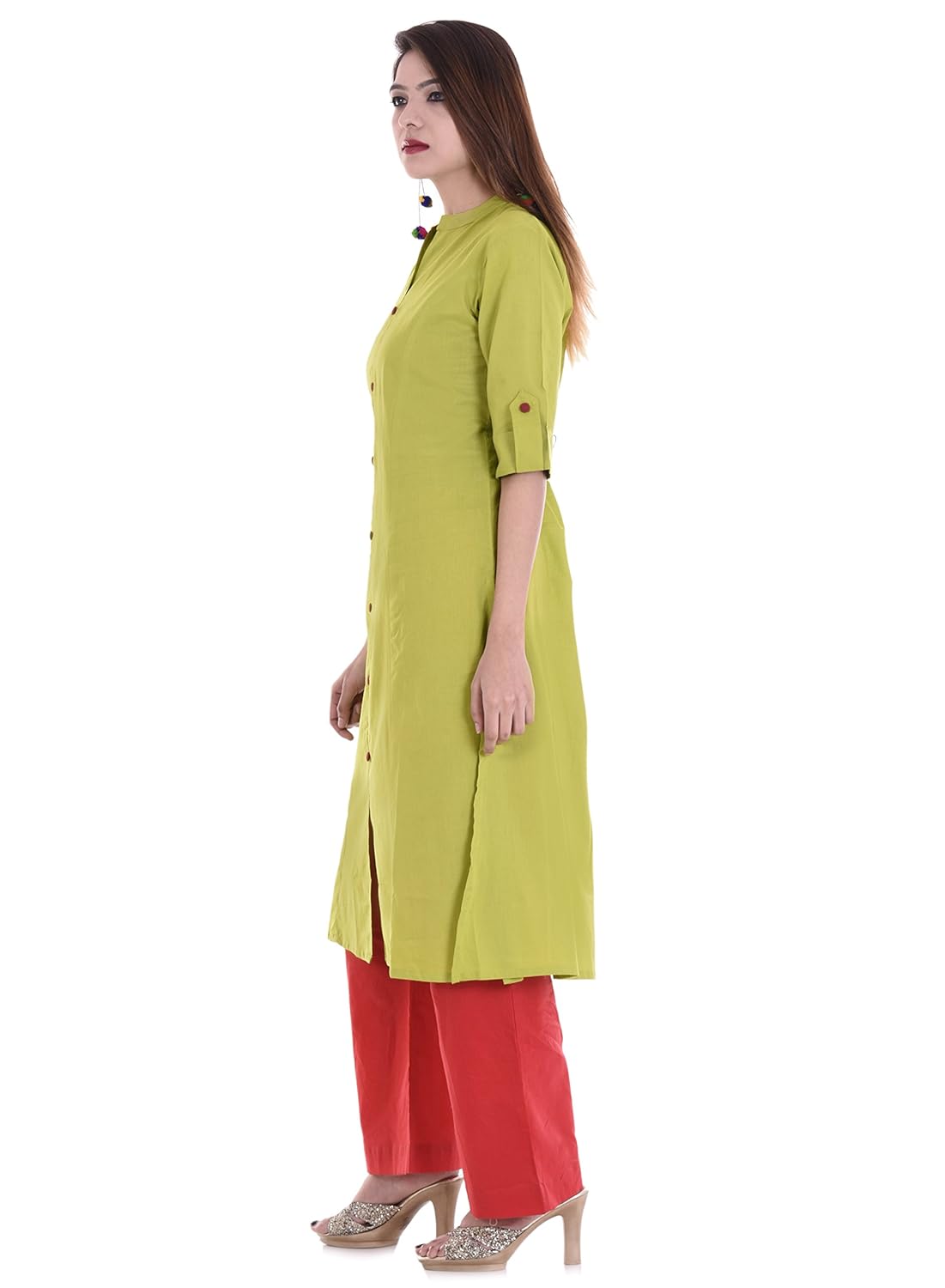 palakh women's cotton light green front button kurti with red palazzo