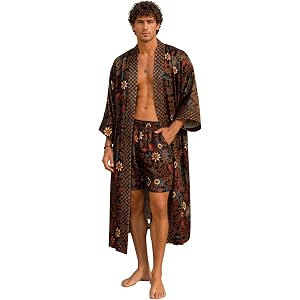 Aphea Fashion Men’s Long Kimono Set – Luxury Batik Satin Robe with Matching Shorts, Soft Silky Lightweight Boho Loungewear