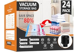 HZD 24 Pack Vacuum Storage Bags, Space Saver Bags, Compression for Comforters and Blankets, Plush Toy, Sealer Clothes Storage (5 Jumbo/5 Large/5 Medium/5 Small/4 Roll) Electric Vacuum Pump Included