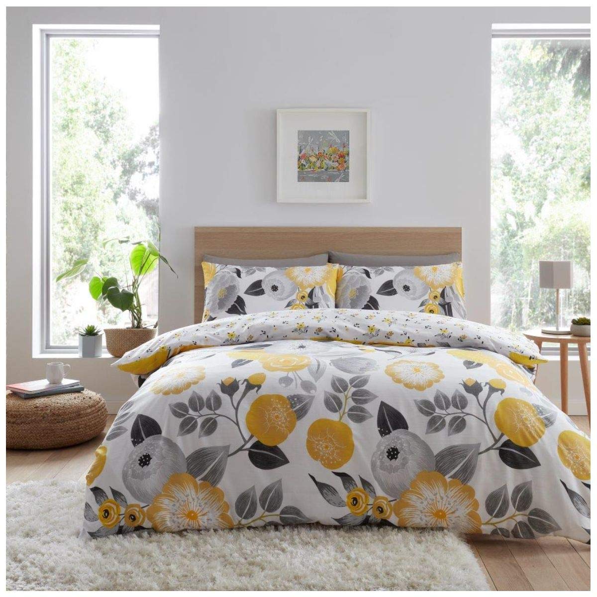 GC GAVENO CAVAILIA Polycotton Fabric Flower Bedding Sets King Size, Super Soft Reversible Floral Duvet Cover With Pillowcases, Yellow