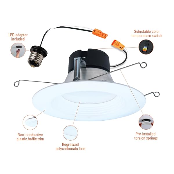 HALO 5 INCH / 6 INCH LED RECESSED LIGHT TRIM WITH 5 COLOR TEMPERATURES, DIMMABLE BAFFLE CAN LIGHTS FOR CEILING, 6-PACK. 750 LUMENS LT56079FS1EWHR6PK