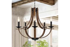 LAMPKEDUO Farmhouse Chandeliers for Dining Room Light Fixture, 5-Light 24 inch Faux Wood Texture Hanging Lighting Fixtures, Rustic Candle Chandeliers for Living Room Kitchen Island Foyer Entryway