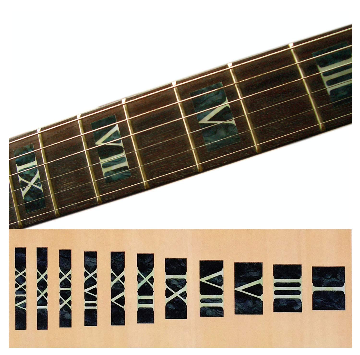 Inlay Sticker Fret Markers for Guitars & Bass - Roman Numeral Blocks - Black Pearl F-018RN-BP