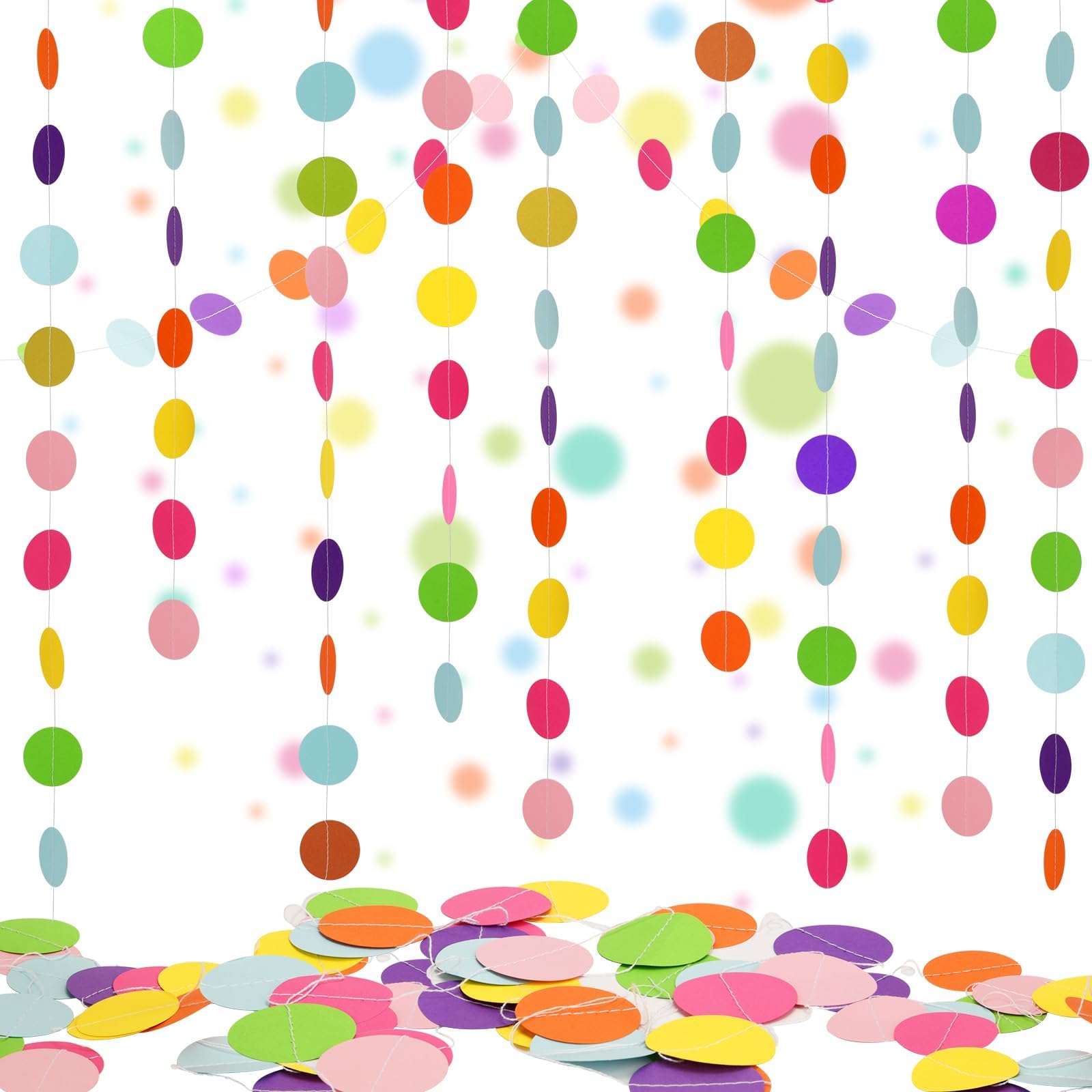 AhfuLife 198 Pcs Rainbow Hanging Paper Garland Bunting for Party Decorations, 21.6 Meters Round Colorful Circle Paper Banner, Polka Dots for Birthday Wedding Garden Indoor Outdoor Party Supplies