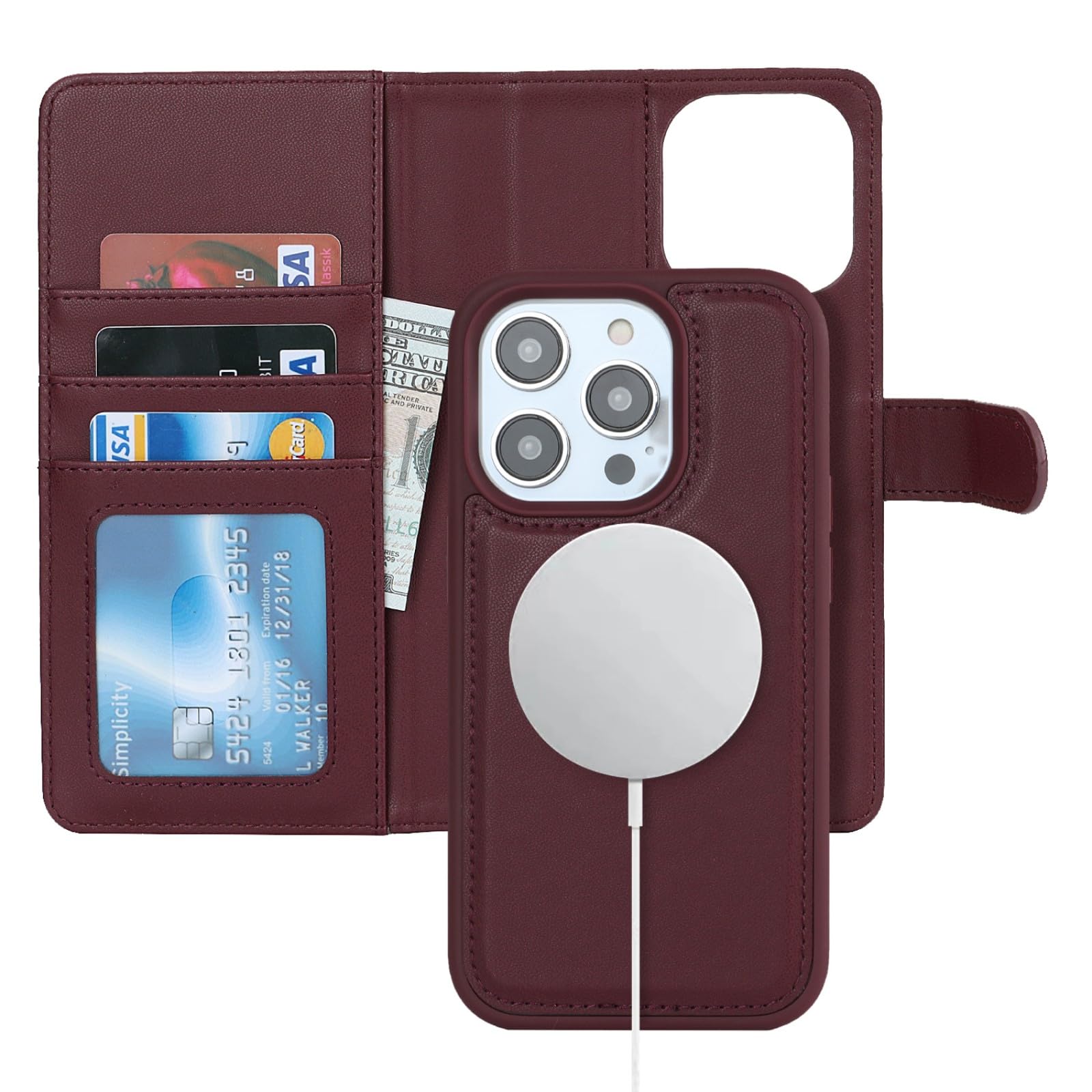 Zouzt for iPhone 14 Pro 6.1 Inch Detachable Wallet Case with Card Holder for MagSafe, Premium PU Leather 2 in 1 Flip Folio Book Magnetic Stand Protective Phone Cover for iPhone 14 Pro - Burgundy โ image 1