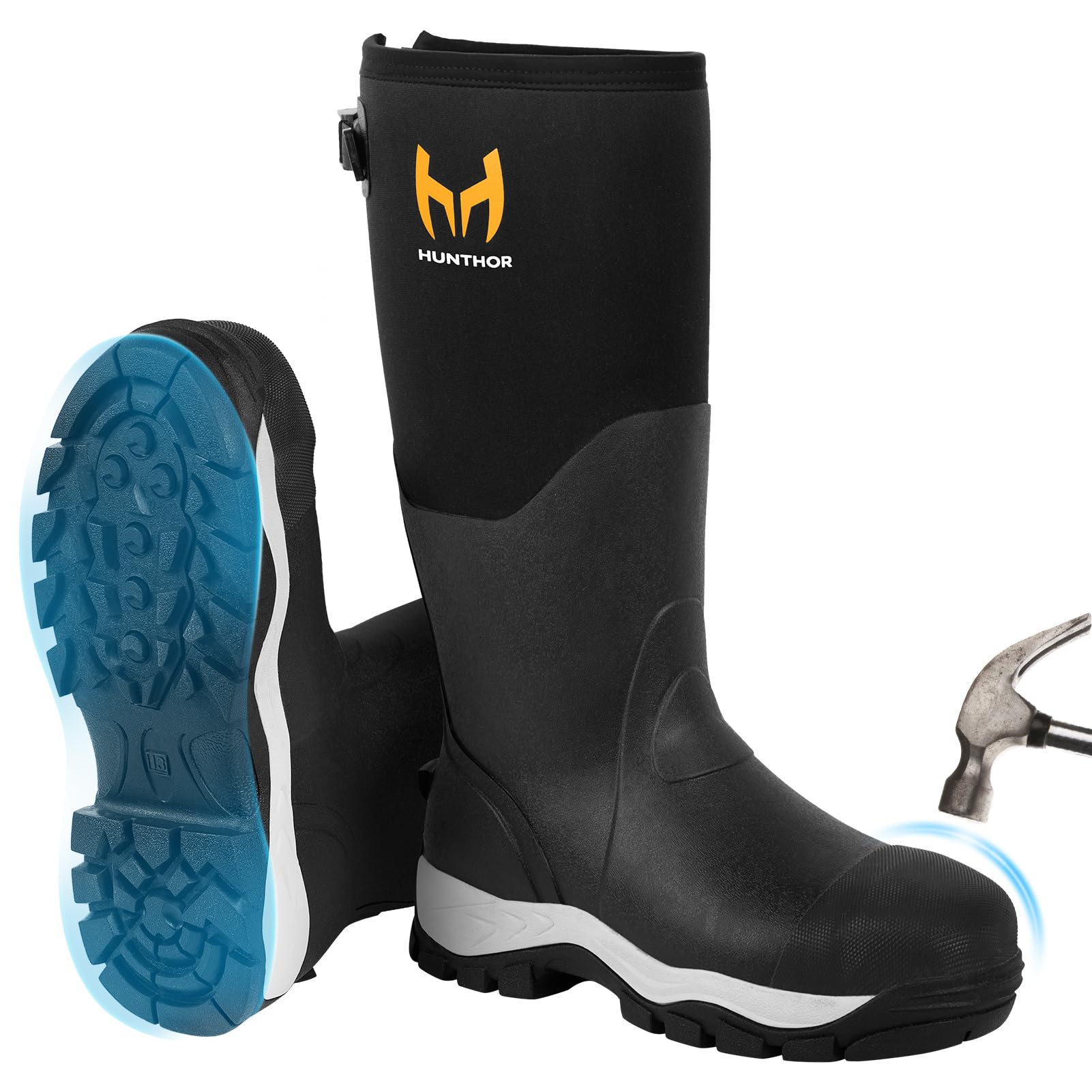 Photo 1 of Hunthor Rubber Work Boots for Men with Steel Toe, 1100N Puncture-Proof Hunting Boots with 7mm Neoprene Waterproof and EVA Midsole, Adjustable Back Gusset, Ideal for Hunting, Work, and Farming Black Size 10