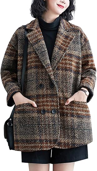 Amazon Bscoolレディース ダッフルコート チェック柄 ゆったり ショートコート 韓国ファッション チェスターコート 通勤 通学 アウター カーキa コート ジャケット 通販