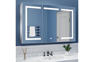 ExBrite Lighted Medicine Cabinet 48x30 Inch,Recessed or Surface led Medicine Cabinet,Three Glass Shelves,Defog,Stepless Dimming,Medicine Cabinet with Lights 3-Color Temper Chang, Outlets & USBs