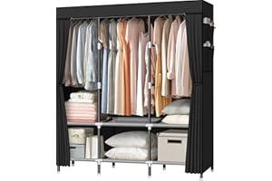 LOKEME Portable Wardrobe, 61-Inch with 3 Hanging Rods and 6 Storage Shelves, Non-Woven Fabric, Stable and Easy Assembly Black Portable Closets for Hanging Clothes with Side Pockets