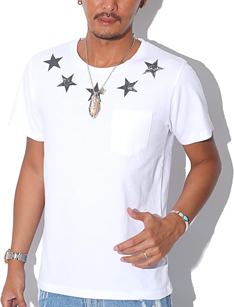 Amazon カットデニム星柄プリントポケット付き半袖ｔシャツ Tシャツ 半袖 インディゴ 星柄 ホワイトl Tシャツ カットソー 通販