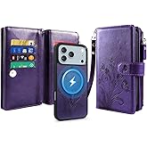 Lacass for iPhone 17 Pro Max Case Wallet,Compatible with MagSafe 2 in 1 Magnetic Detachable PU Leather RFID Blocking Wallet Cover Card Holder Zipper Wrist Strap Lanyard,Floral Purple