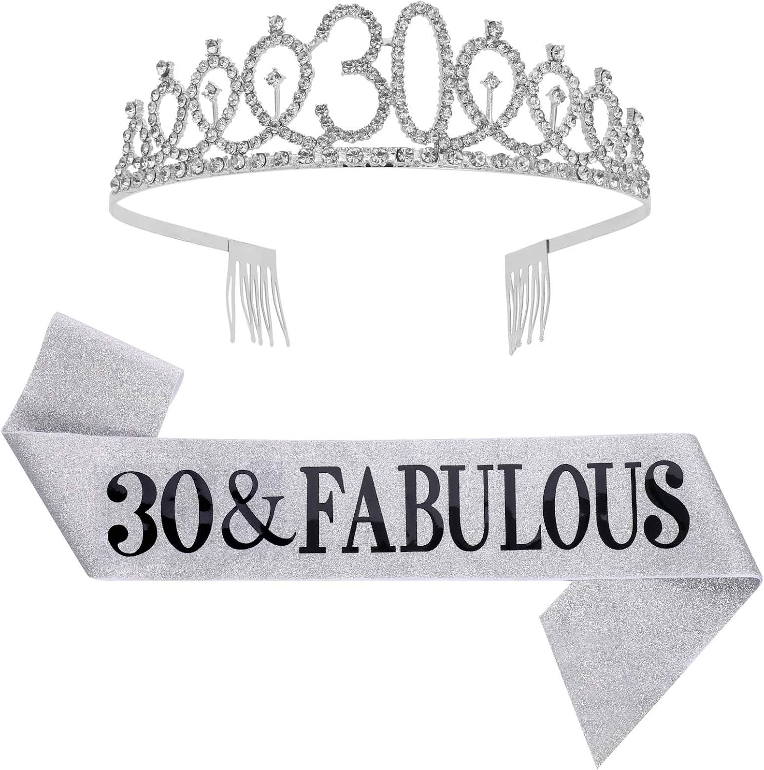 SUSSURRO "30 and Fabulous Sash and Rhinestone Tiara Set,30th Birthday Gifts Birthday Sash for Women Birthday Party Supplies( Silver)