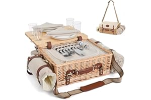Multifunctional Wicker Picnic Basket Set for 4 with Blanket and Picnic Table, Insulated Picnic Set with Full Tablewares for C