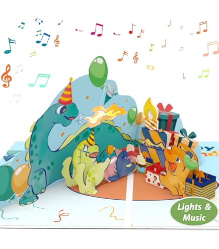 Volcanic Dinosaur Musical Birthday Card - Light Up Pop Up Greeting Card With Envelope For Kids