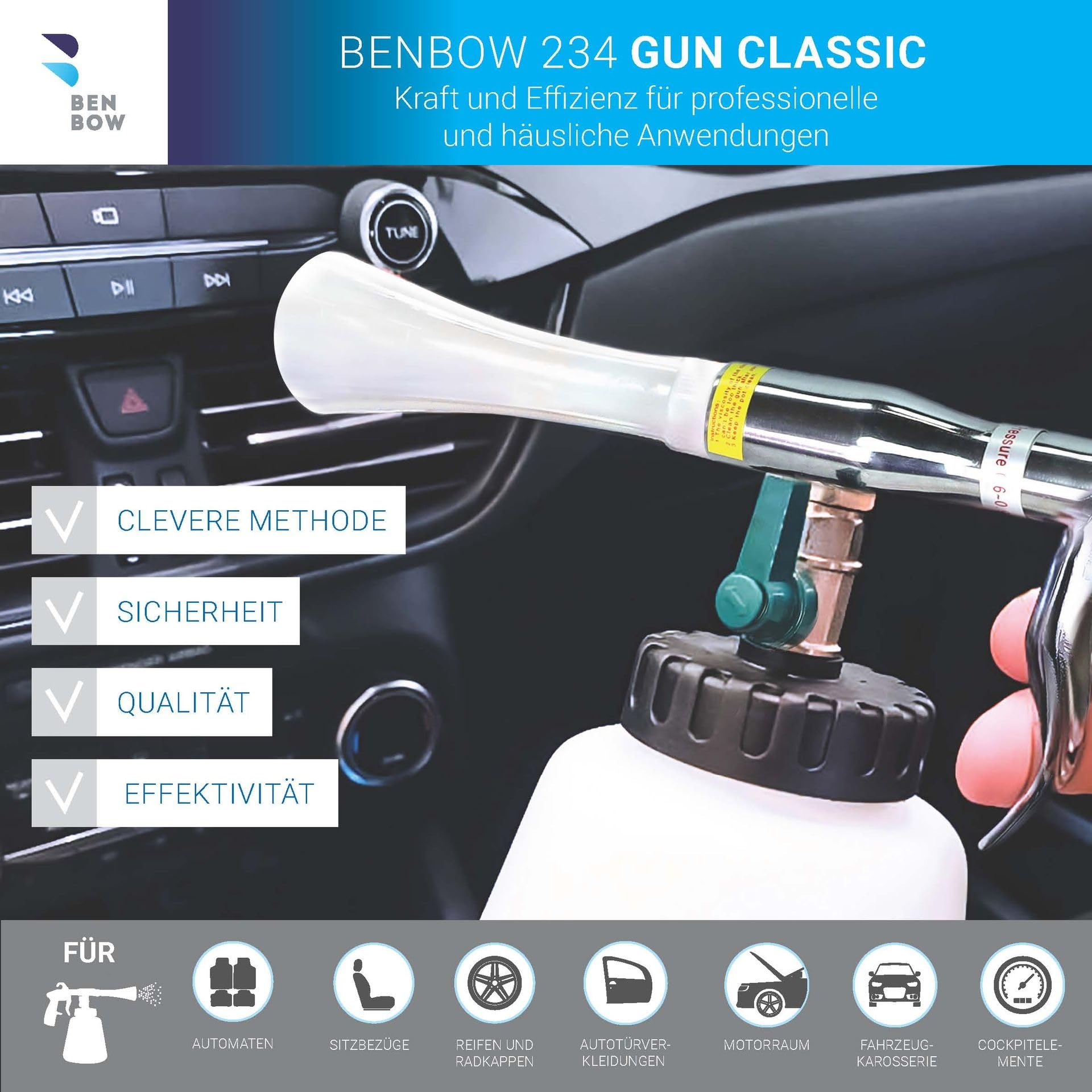 BenBow Druckluft Reinigungspistole Classic mit 5L CLEANTECH CO Innenreiniger – ideal für professionelles Detailing von Autos, LKWs, Bussen - berührungslose Reinigung - Wirbelwind-Effekt 4