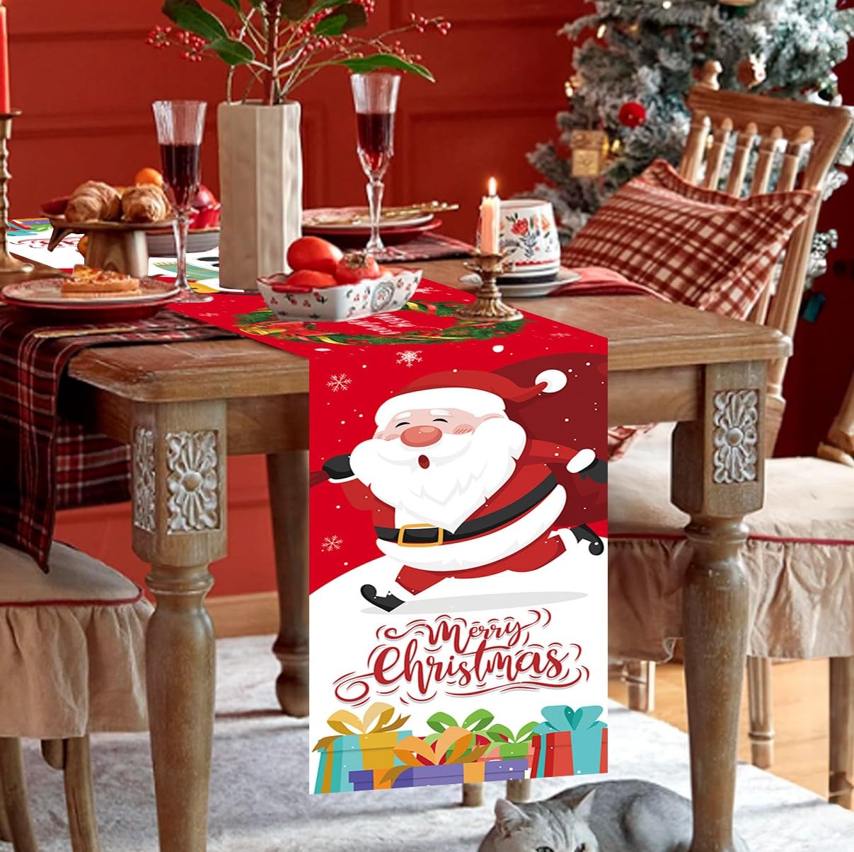 Christmas Table Runner, 72 Inch Long, Santa Claus & Snowman Theme, Perfect for Holiday Parties